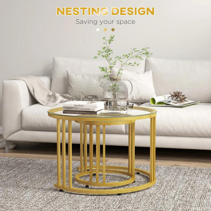 HOMCOM Round Coffee Tables Set of 2, Nesting Tables with Tempered Glass Top and Steel Frame, 60cmx60cmx47cm Additional View 4