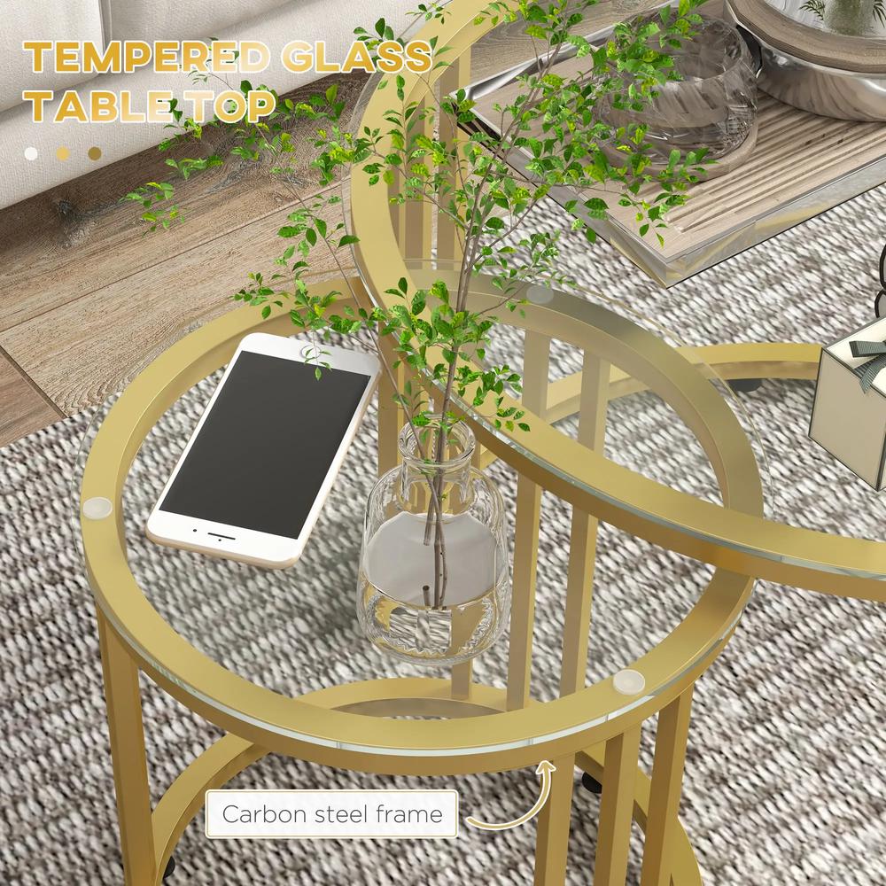HOMCOM Round Coffee Tables Set of 2, Nesting Tables with Tempered Glass Top and Steel Frame, 60cmx60cmx47cm Additional View 5