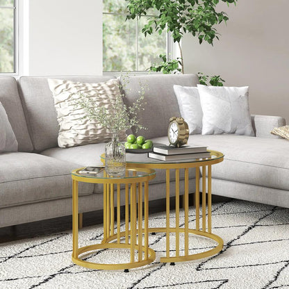 HOMCOM Round Coffee Tables Set of 2, Nesting Tables with Tempered Glass Top and Steel Frame, 60cmx60cmx47cm Additional View 7