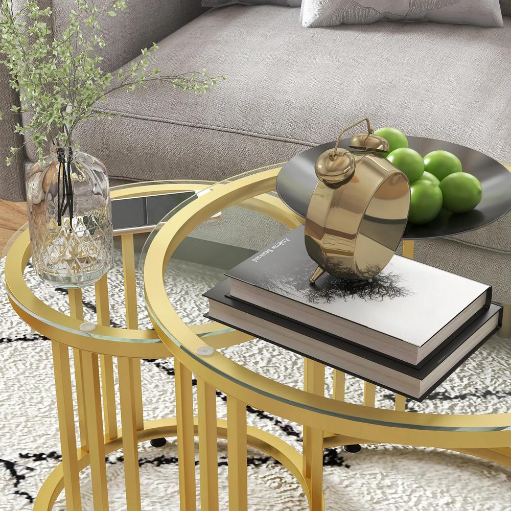 HOMCOM Round Coffee Tables Set of 2, Nesting Tables with Tempered Glass Top and Steel Frame, 60cmx60cmx47cm Additional View 8