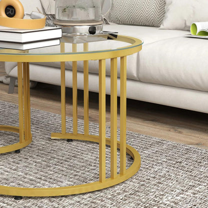 HOMCOM Round Coffee Tables Set of 2, Nesting Tables with Tempered Glass Top and Steel Frame, 60cmx60cmx47cm Additional View 9