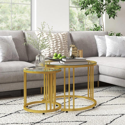 HOMCOM Round Coffee Tables Set of 2, Nesting Tables with Tempered Glass Top and Steel Frame, 60cmx60cmx47cm Additional View 10