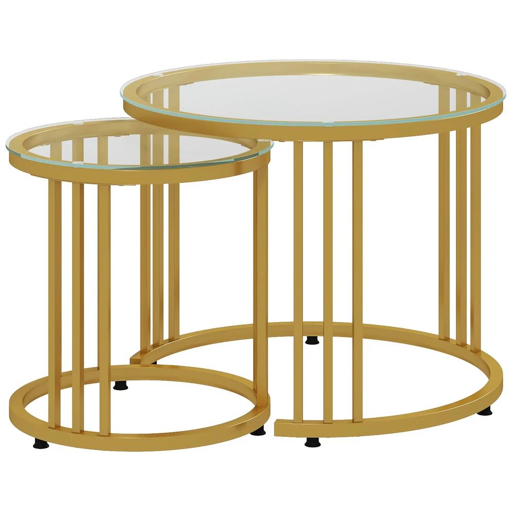 HOMCOM Round Coffee Tables Set of 2, Nesting Tables with Tempered Glass Top and Steel Frame, 60cmx60cmx47cm