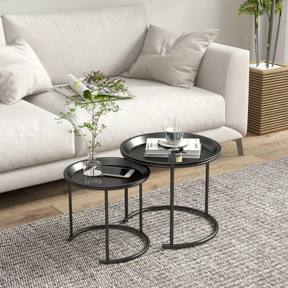 HOMCOM Nesting Tables Set of 2, Side End Table with Removable Tabletop Tray and Steel Frame for Living Room, Bedroom, Black Additional View 7