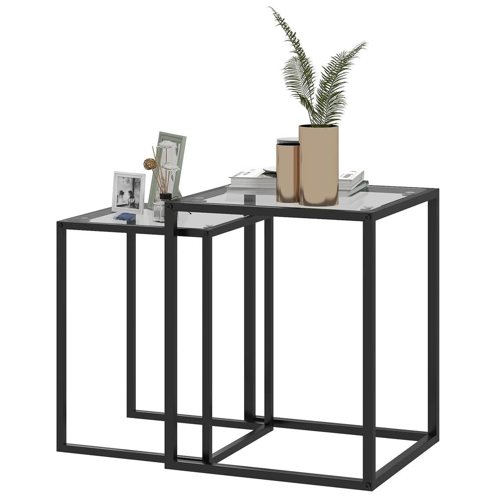 HOMCOM Nesting Tables Set of 2, Side End Table with Tempered Glass Top and Steel Frame for Living Room, Bedroom, Black Additional View 11