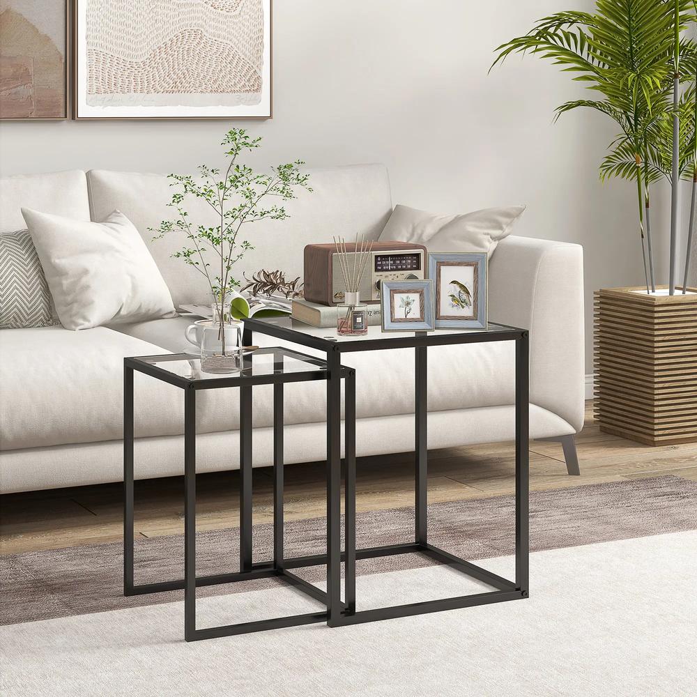 HOMCOM Nesting Tables Set of 2, Side End Table with Tempered Glass Top and Steel Frame for Living Room, Bedroom, Black Additional View 2