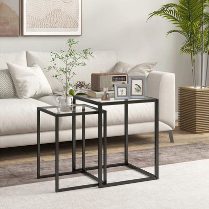 HOMCOM Nesting Tables Set of 2, Side End Table with Tempered Glass Top and Steel Frame for Living Room, Bedroom, Black Additional View 2