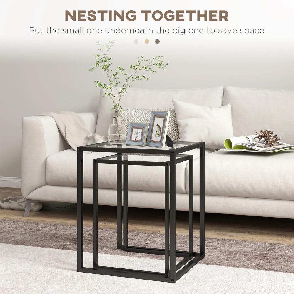 HOMCOM Nesting Tables Set of 2, Side End Table with Tempered Glass Top and Steel Frame for Living Room, Bedroom, Black Additional View 4