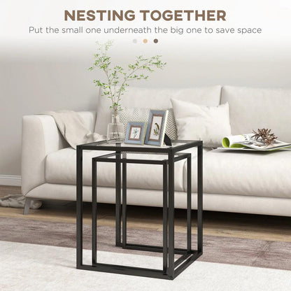 HOMCOM Nesting Tables Set of 2, Side End Table with Tempered Glass Top and Steel Frame for Living Room, Bedroom, Black Additional View 4