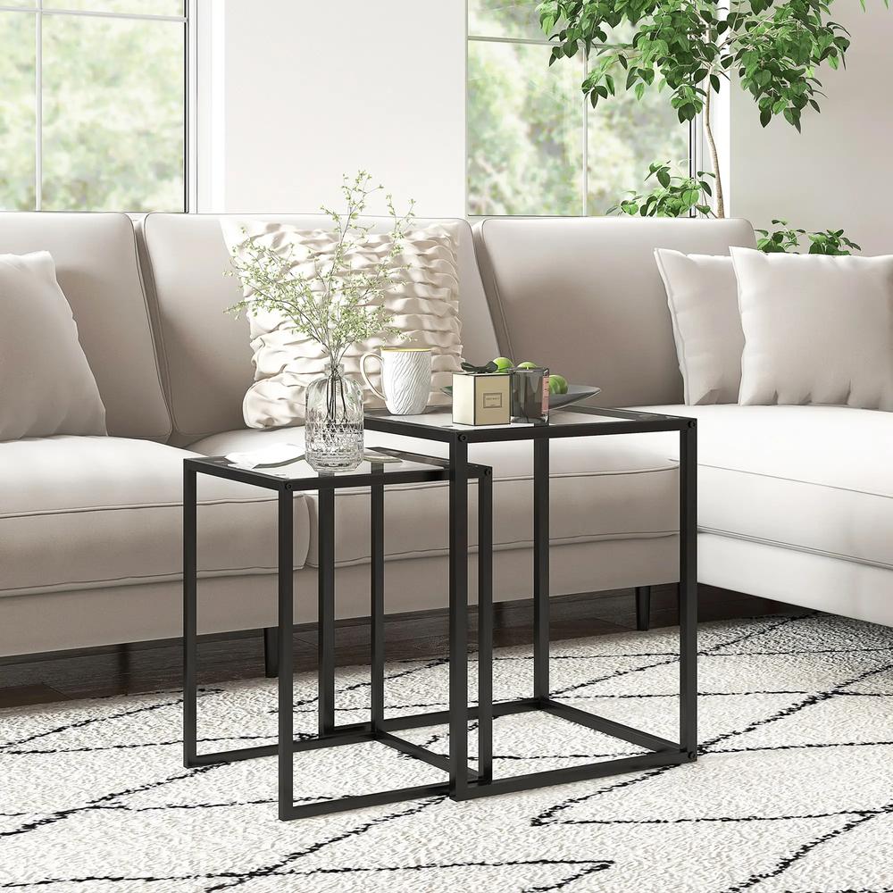 HOMCOM Nesting Tables Set of 2, Side End Table with Tempered Glass Top and Steel Frame for Living Room, Bedroom, Black Additional View 7