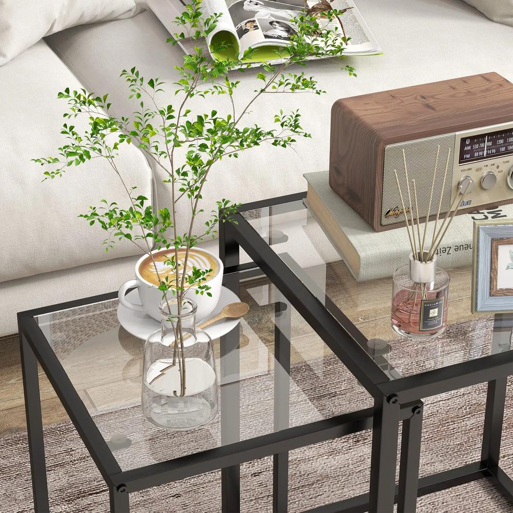HOMCOM Nesting Tables Set of 2, Side End Table with Tempered Glass Top and Steel Frame for Living Room, Bedroom, Black Additional View 8