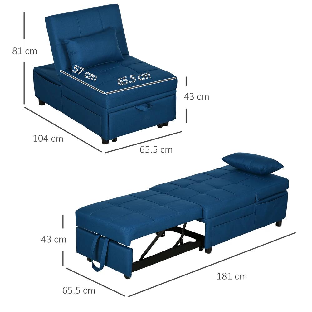 HOMCOM Convertible Chair Bed with Padding Seat, 4-in-1 Multi-Functional Sleeper Sofa Bed, Recliner with Adjustable Backrest, Side Pocket, Wheels and Pillow, for Living Room Additional View 14