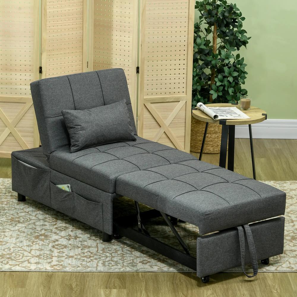 HOMCOM Convertible Chair Bed with Padding Seat, 4-in-1 Multi-Functional Sleeper Sofa Bed, Recliner with Adjustable Backrest, Side Pocket, Wheels and Pillow, for Living Room Additional View 2