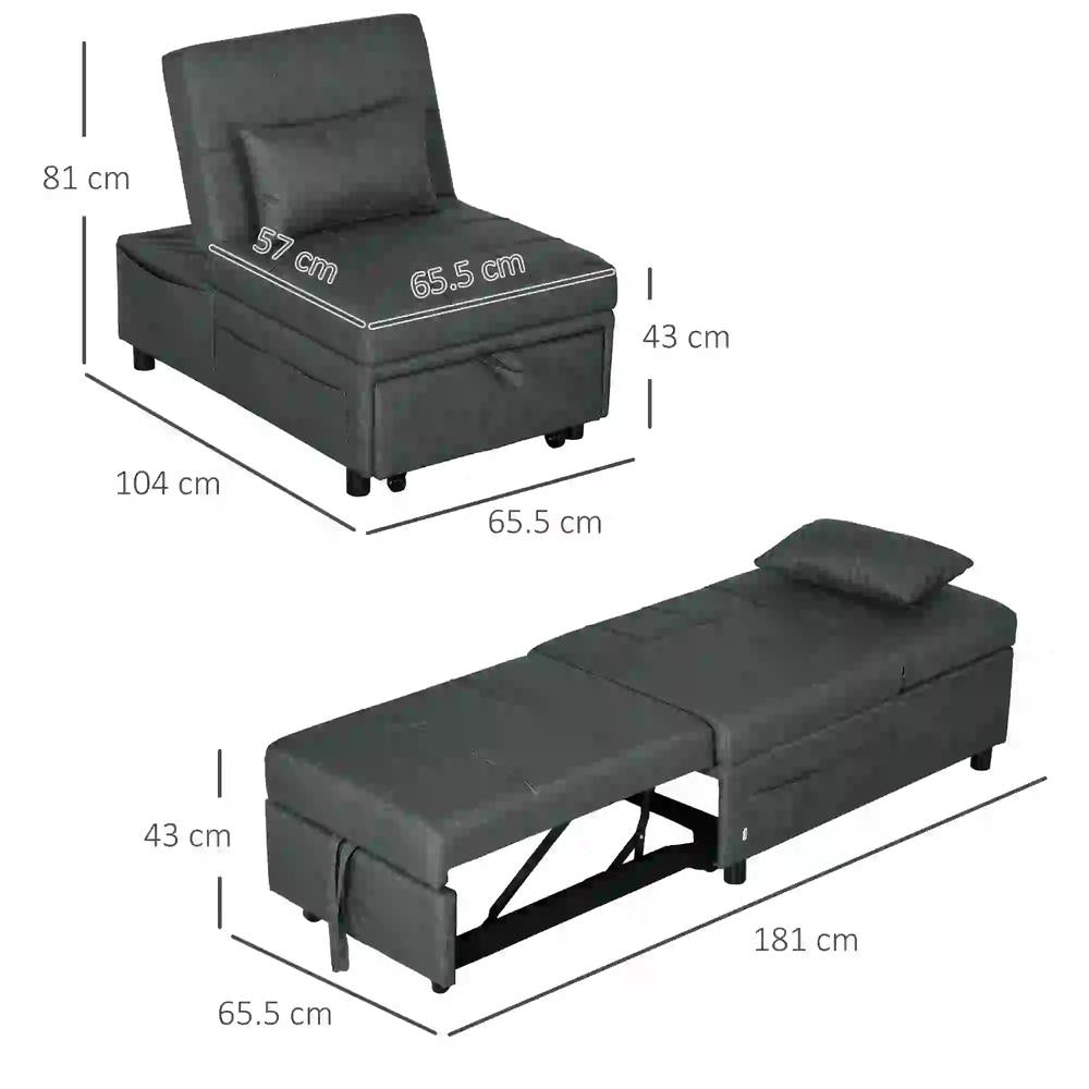 HOMCOM Convertible Chair Bed with Padding Seat, 4-in-1 Multi-Functional Sleeper Sofa Bed, Recliner with Adjustable Backrest, Side Pocket, Wheels and Pillow, for Living Room Additional View 3