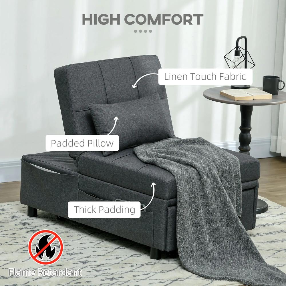 HOMCOM Convertible Chair Bed with Padding Seat, 4-in-1 Multi-Functional Sleeper Sofa Bed, Recliner with Adjustable Backrest, Side Pocket, Wheels and Pillow, for Living Room Additional View 4