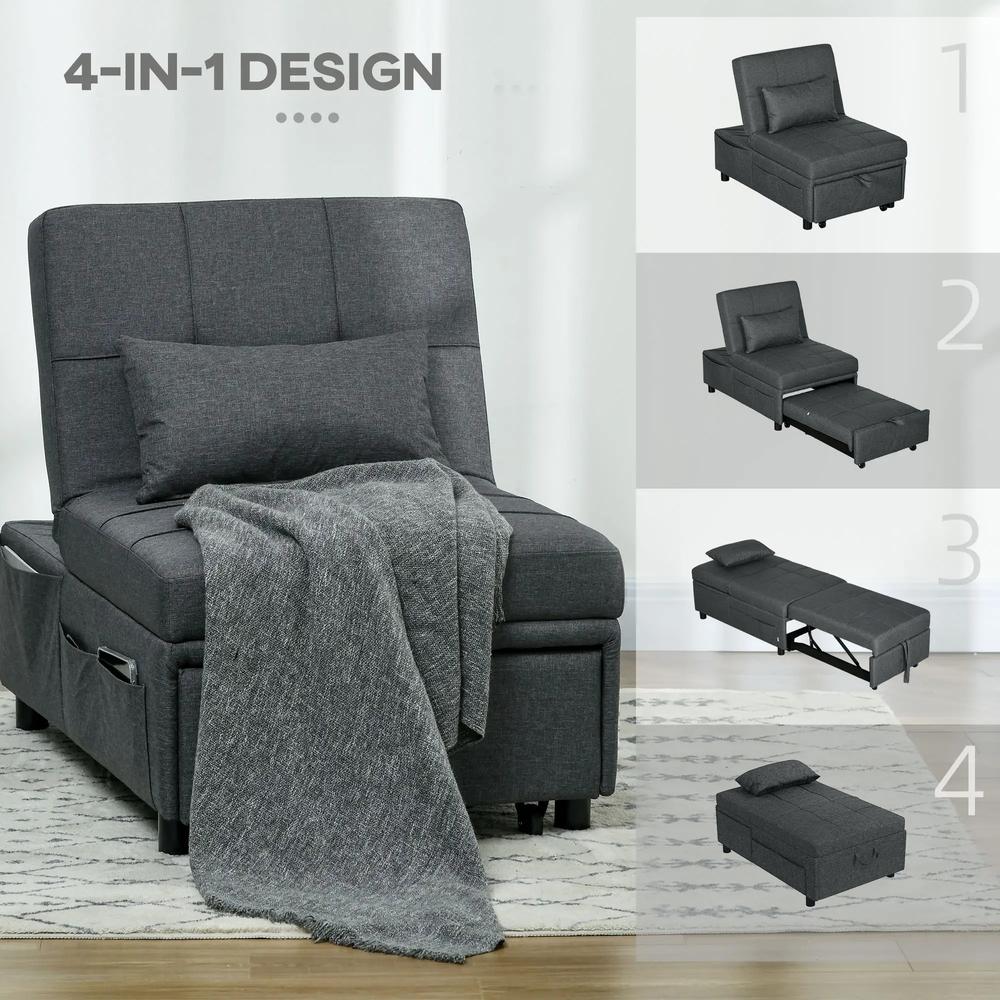 HOMCOM Convertible Chair Bed with Padding Seat, 4-in-1 Multi-Functional Sleeper Sofa Bed, Recliner with Adjustable Backrest, Side Pocket, Wheels and Pillow, for Living Room Additional View 6