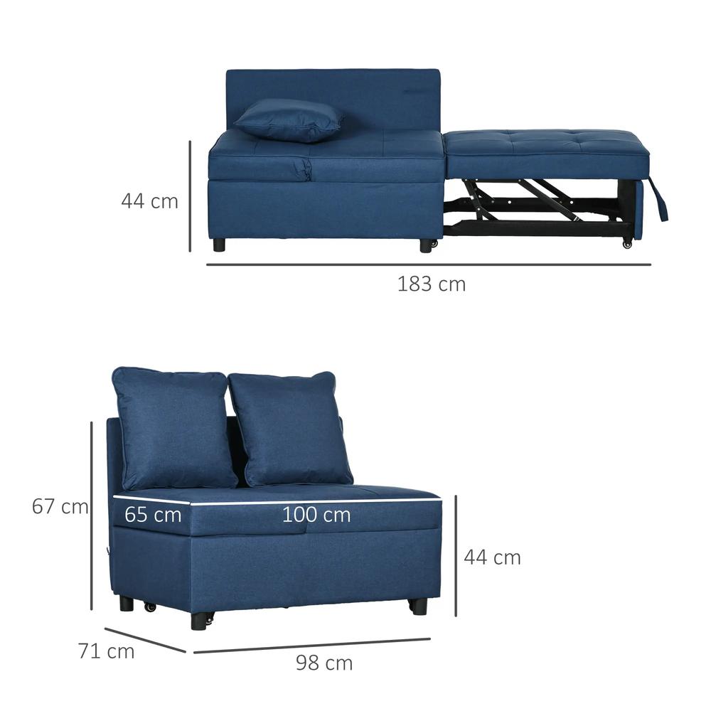 HOMCOM 3-In-1 Single Sofa Bed with Thick Padded Seat & 5-position Adjustable Back for Living Room, Bedroom, Blue Additional View 3