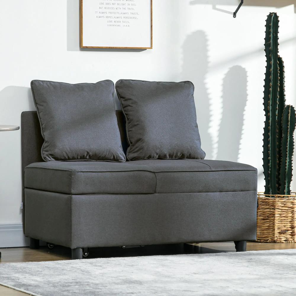 HOMCOM Convertible Single Sofa Bed with Thick Padded Seat, 3-in-1 Multi-Functional Sleeper Chair Bed with Magazine Pocket, for Living Room, Grey Additional View 2