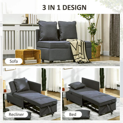 HOMCOM Convertible Single Sofa Bed with Thick Padded Seat, 3-in-1 Multi-Functional Sleeper Chair Bed with Magazine Pocket, for Living Room, Grey Additional View 4