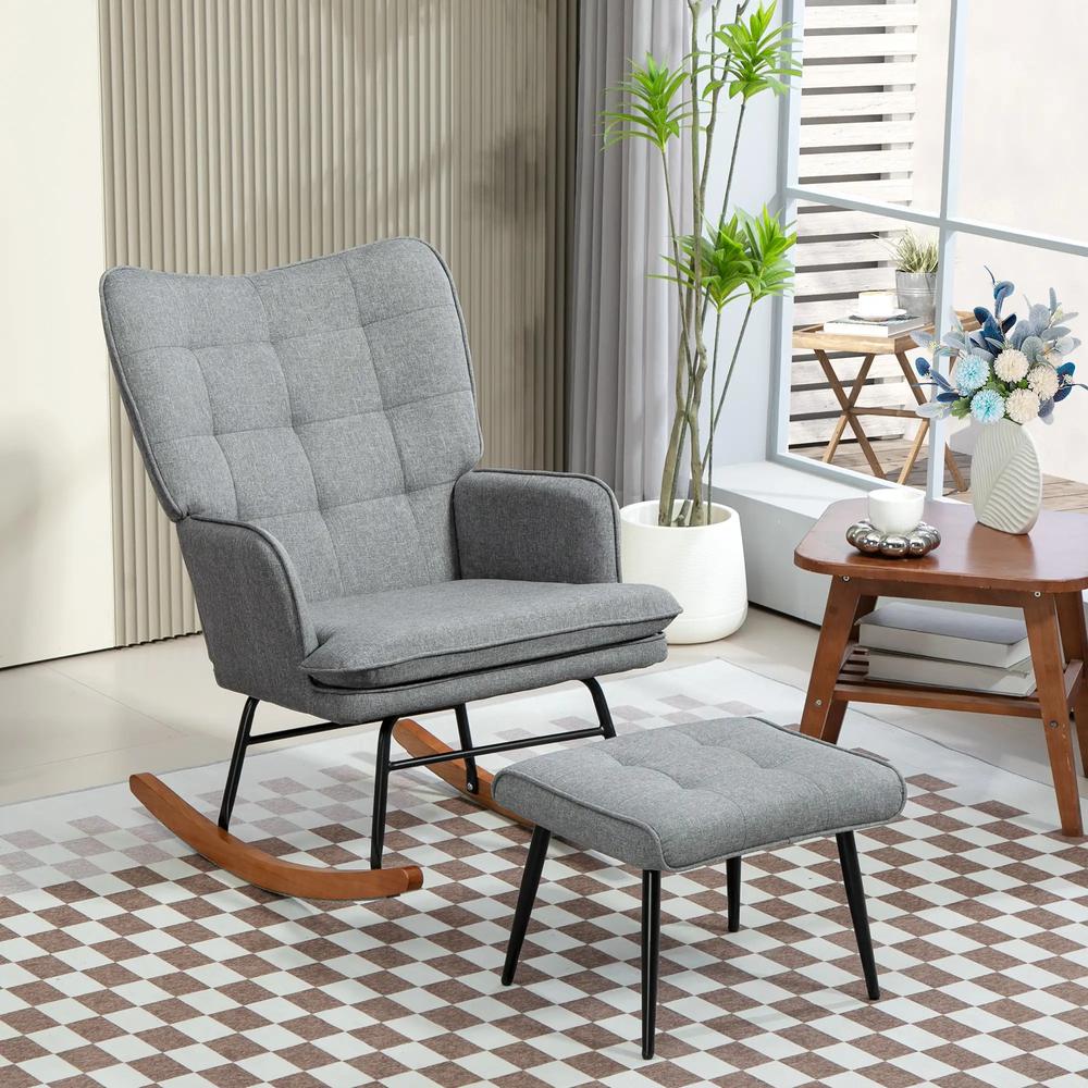 HOMCOM Linen-Look Rocking Chair and Ottoman Set - Grey Additional View 2