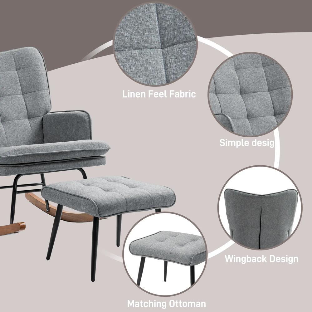 HOMCOM Linen-Look Rocking Chair and Ottoman Set - Grey Additional View 5