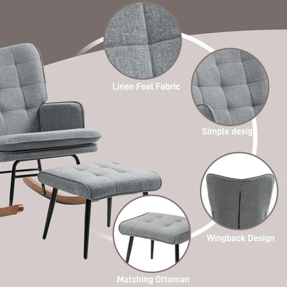 HOMCOM Linen-Look Rocking Chair and Ottoman Set - Grey Additional View 5