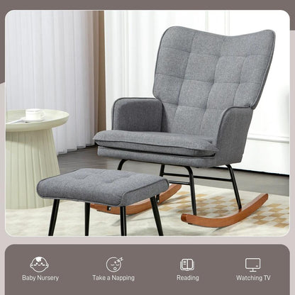HOMCOM Linen-Look Rocking Chair and Ottoman Set - Grey Additional View 6