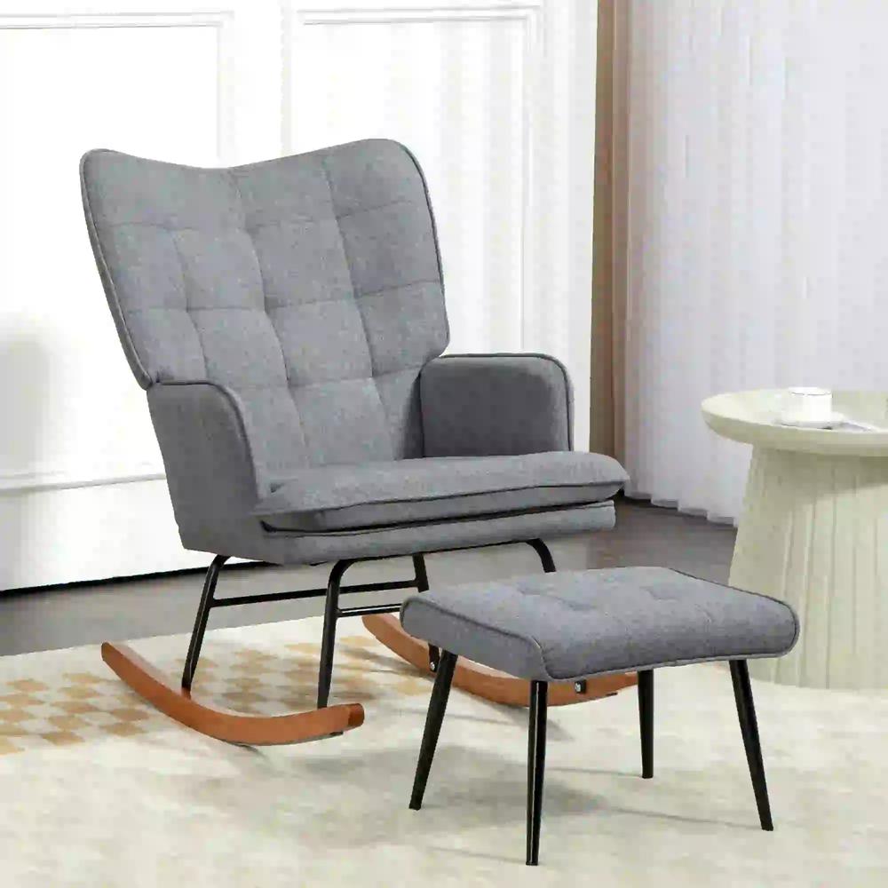 HOMCOM Linen-Look Rocking Chair and Ottoman Set - Grey Additional View 10
