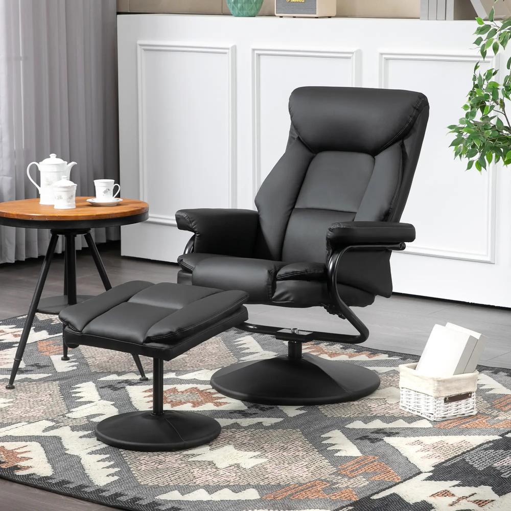 HOMCOM Swivel Recliner Chair with Footstool, PU Leather Recliner Armchair with Ottoman, Steel Base, Upholstered Reclining Chair for Living Room, Bedroom, Office, Black Additional View 2