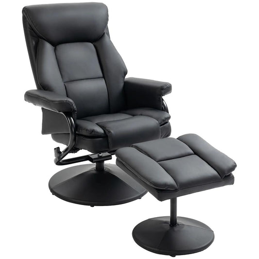 HOMCOM Swivel Recliner Chair with Footstool, PU Leather Recliner Armchair with Ottoman, Steel Base, Upholstered Reclining Chair for Living Room, Bedroom, Office, Black