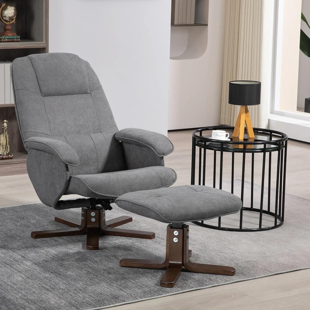HOMCOM Linen Swivel Recliner Chair with Footstool, Upholstered Reclining Armchair with Wooden Base for Living Room Additional View 14