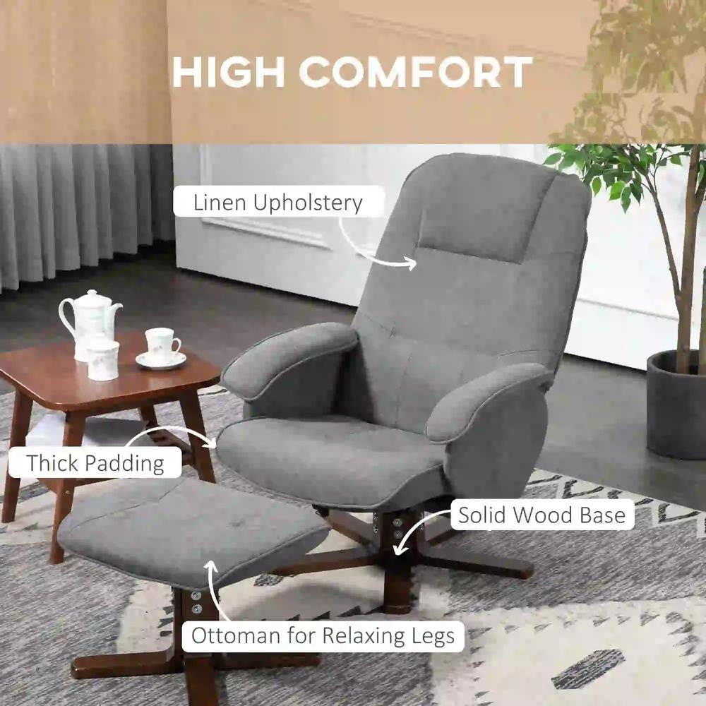HOMCOM Linen Swivel Recliner Chair with Footstool, Upholstered Reclining Armchair with Wooden Base for Living Room Additional View 18