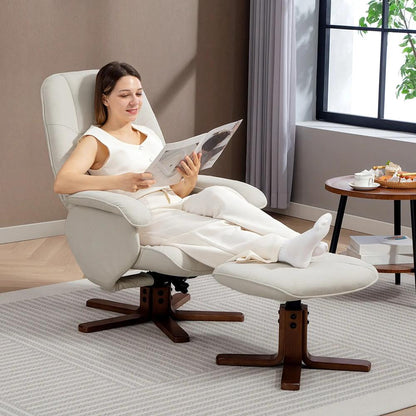 HOMCOM Linen Swivel Recliner Chair with Footstool, Upholstered Reclining Armchair with Wooden Base for Living Room Additional View 2
