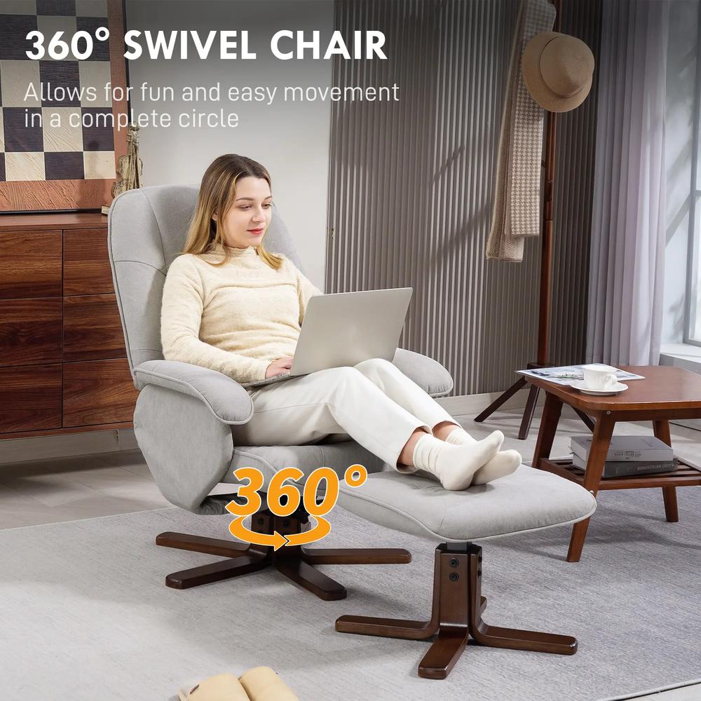 HOMCOM Linen Swivel Recliner Chair with Footstool, Upholstered Reclining Armchair with Wooden Base for Living Room Additional View 31