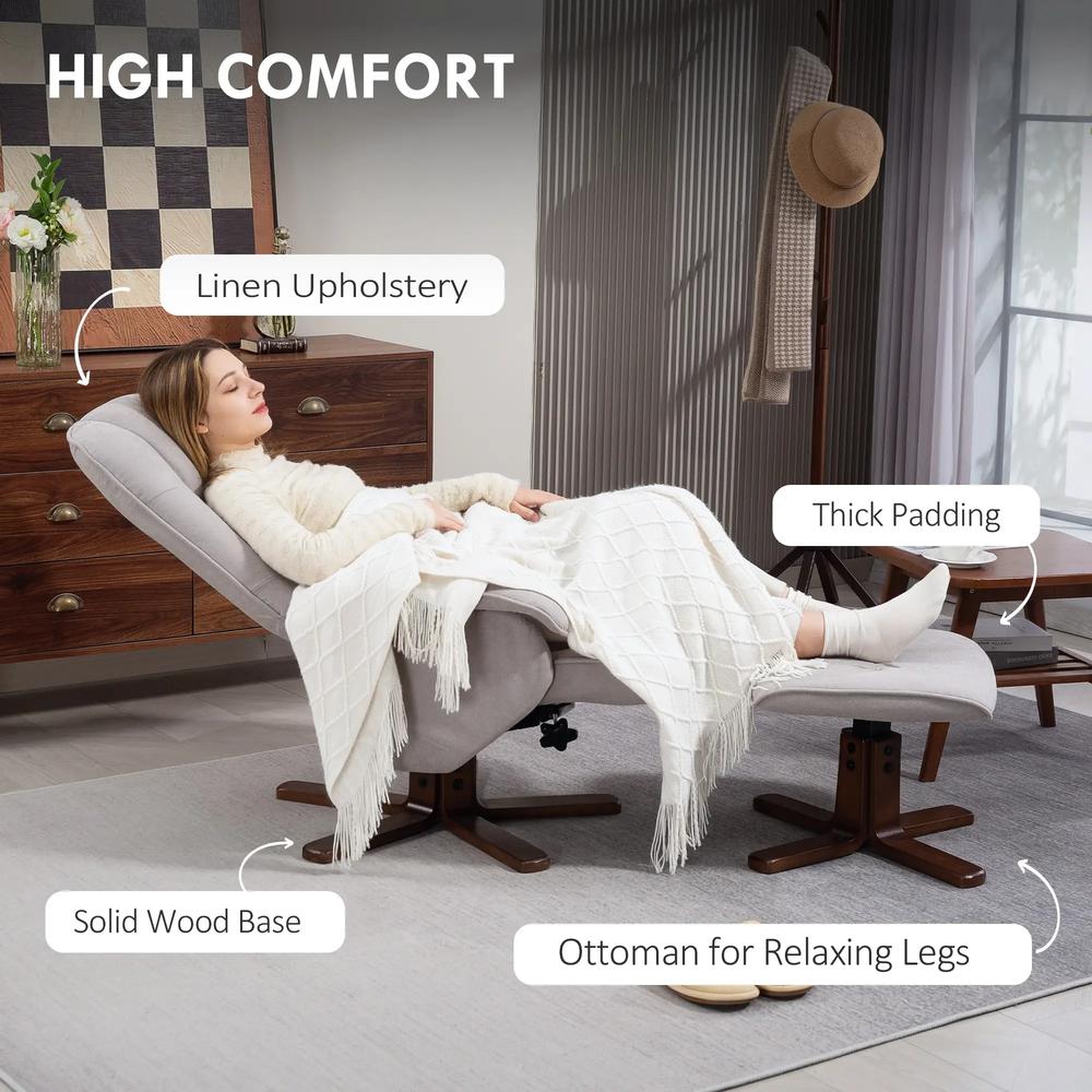 HOMCOM Linen Swivel Recliner Chair with Footstool, Upholstered Reclining Armchair with Wooden Base for Living Room Additional View 32
