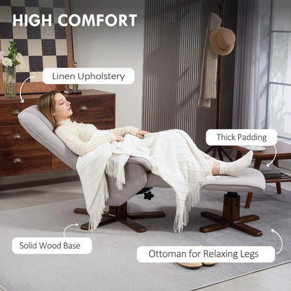 HOMCOM Linen Swivel Recliner Chair with Footstool, Upholstered Reclining Armchair with Wooden Base for Living Room Additional View 32