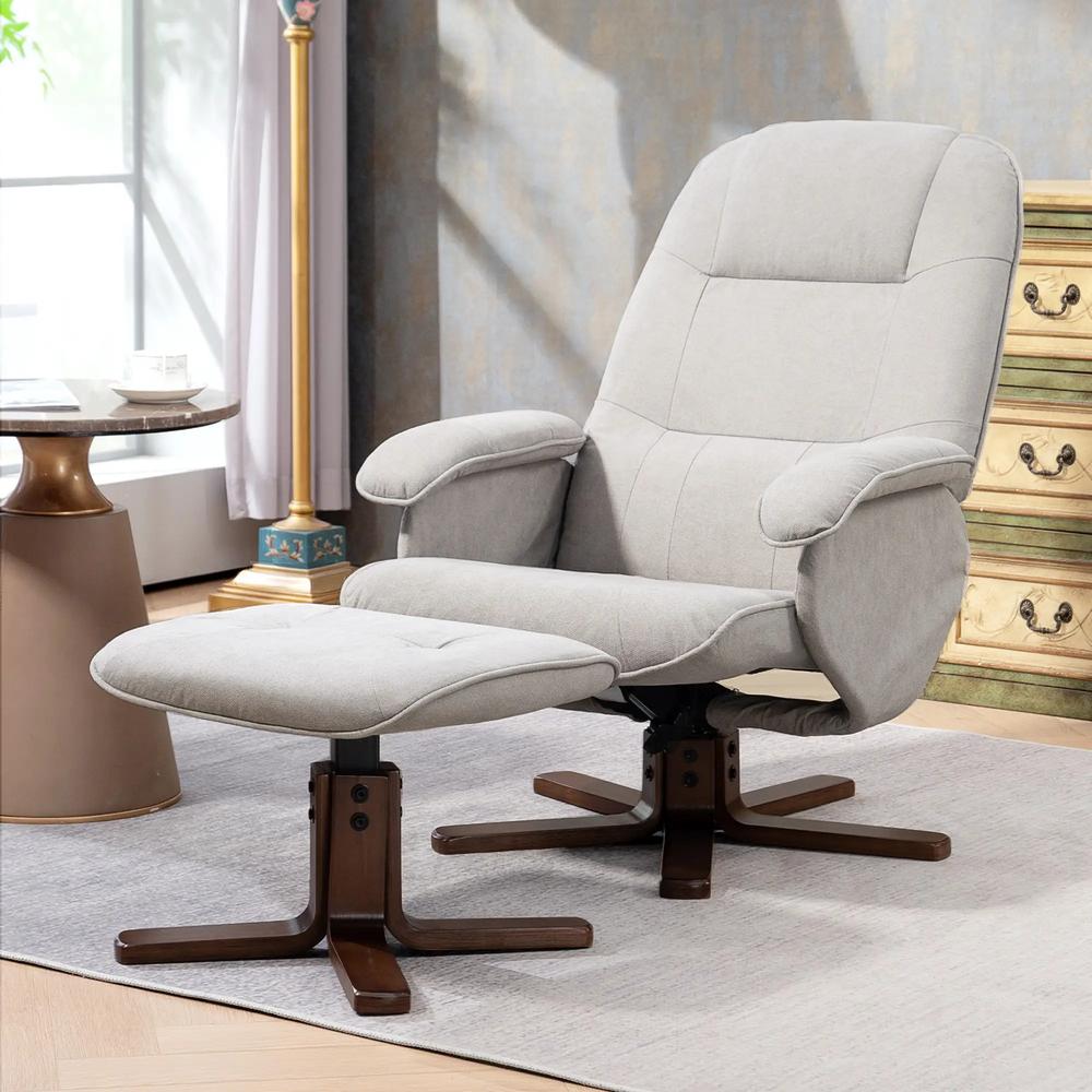 HOMCOM Linen Swivel Recliner Chair with Footstool, Upholstered Reclining Armchair with Wooden Base for Living Room Additional View 36