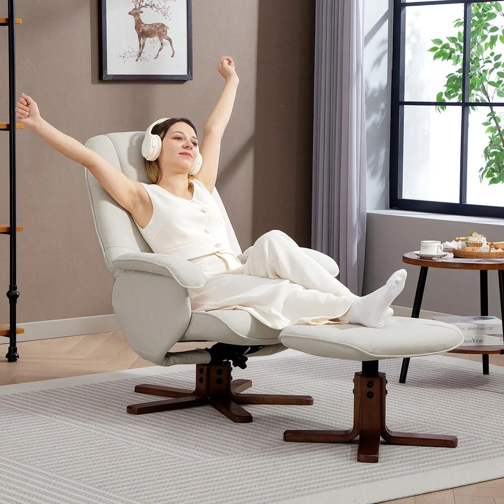 HOMCOM Linen Swivel Recliner Chair with Footstool, Upholstered Reclining Armchair with Wooden Base for Living Room Additional View 9