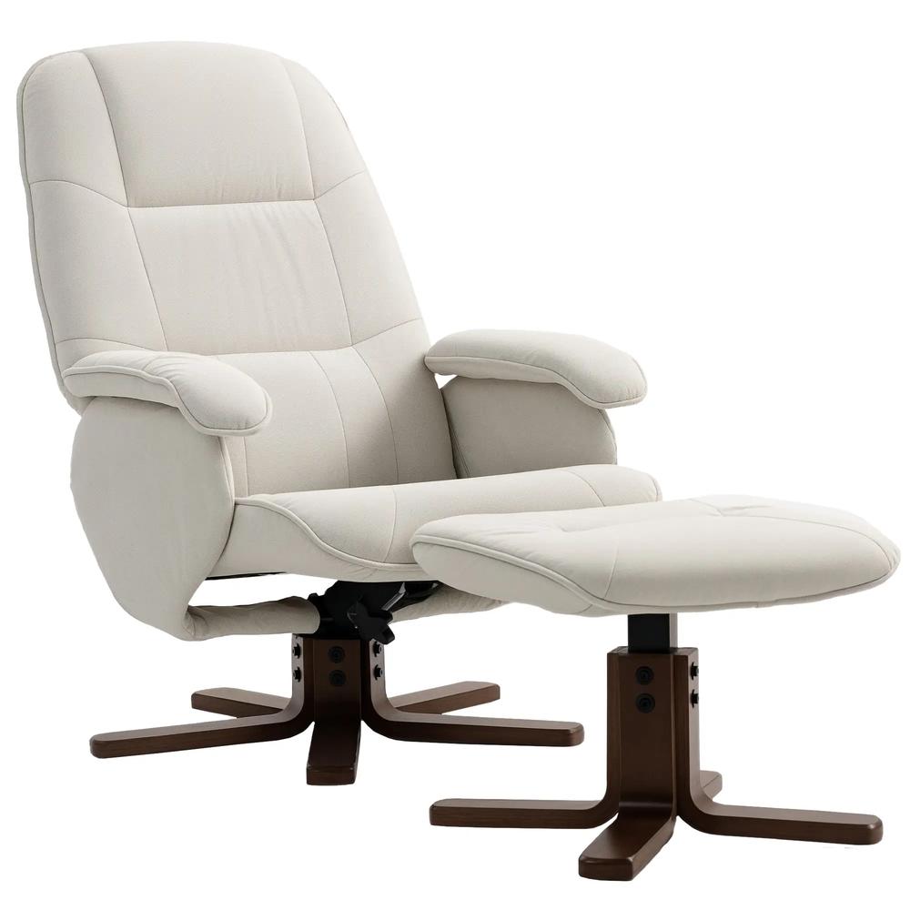 HOMCOM Linen Swivel Recliner Chair with Footstool, Upholstered Reclining Armchair with Wooden Base for Living Room