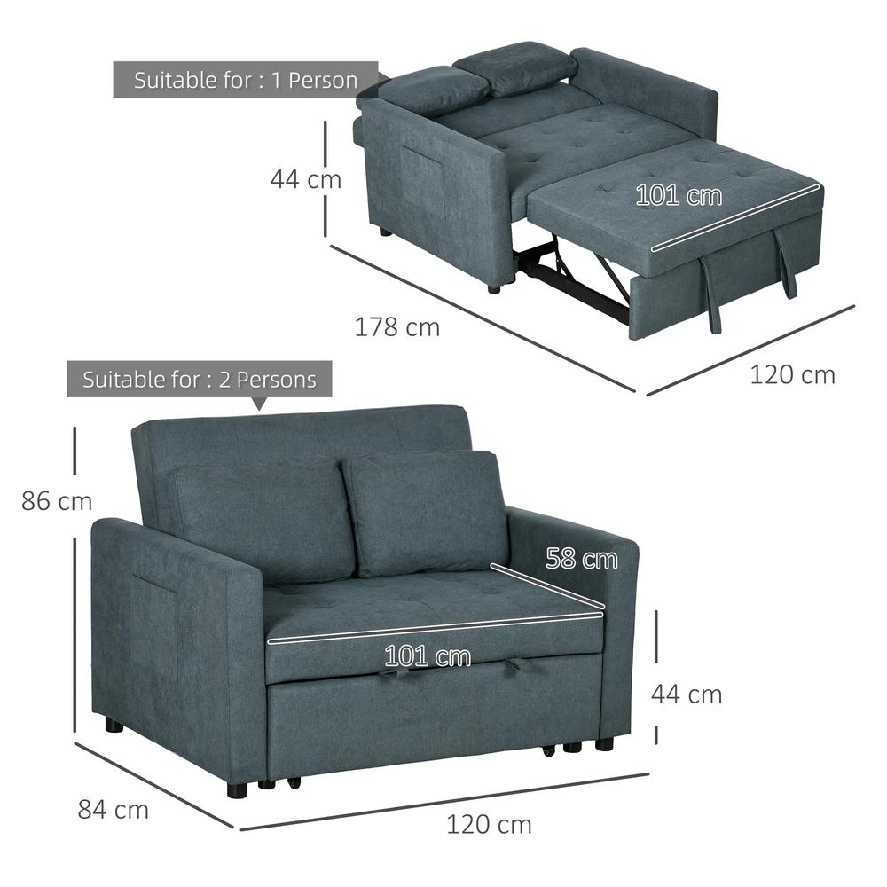 HOMCOM Loveseat Sofa Bed, Convertible Bed Settee with 2 Pillows, Side Pockets Additional View 14