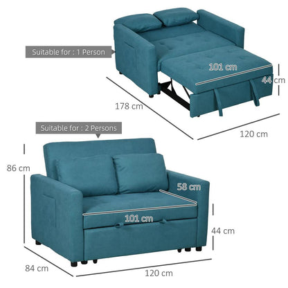 HOMCOM Loveseat Sofa Bed, Convertible Bed Settee with 2 Pillows, Side Pockets Additional View 3