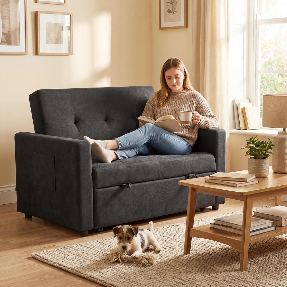 HOMCOM Loveseat Sofa Bed, Convertible Bed Settee with 2 Pillows, Side Pockets Additional View 50