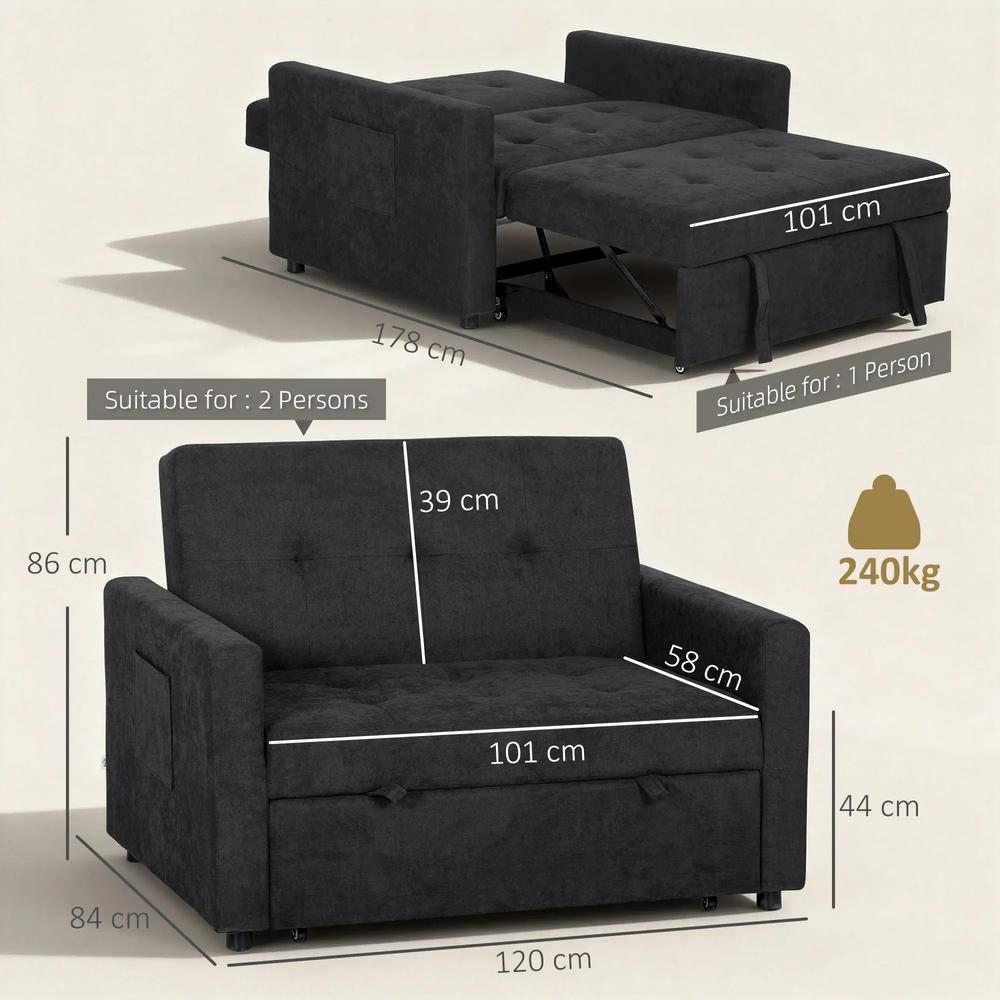 HOMCOM Loveseat Sofa Bed, Convertible Bed Settee with 2 Pillows, Side Pockets Additional View 51