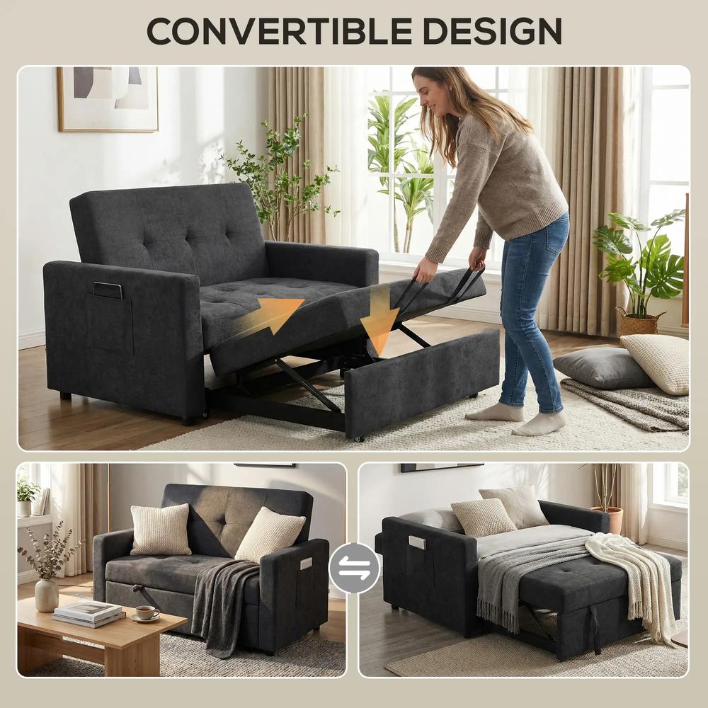 HOMCOM Loveseat Sofa Bed, Convertible Bed Settee with 2 Pillows, Side Pockets Additional View 52