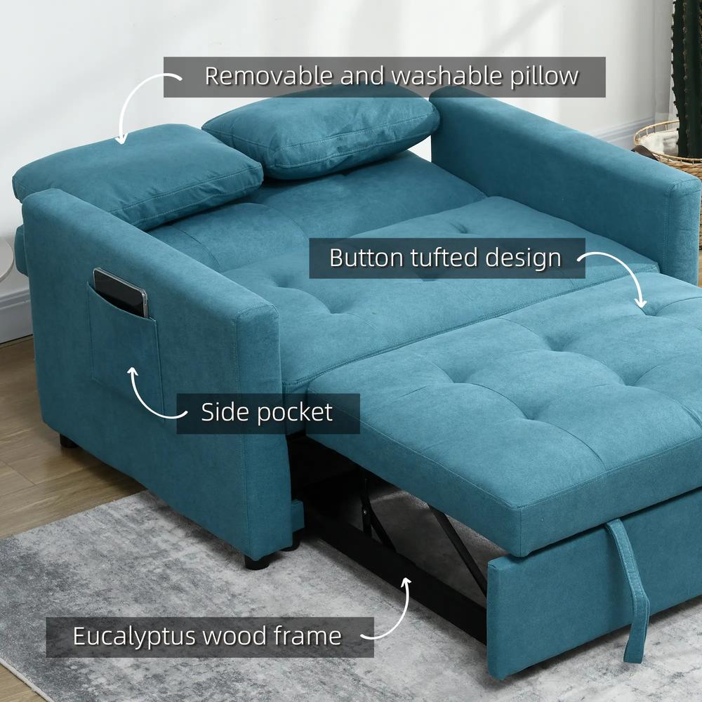 HOMCOM Loveseat Sofa Bed, Convertible Bed Settee with 2 Pillows, Side Pockets Additional View 7