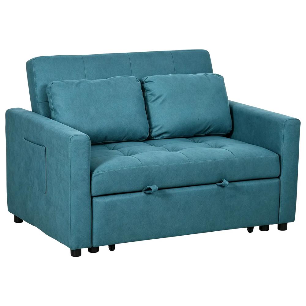 HOMCOM Loveseat Sofa Bed, Convertible Bed Settee with 2 Pillows, Side Pockets