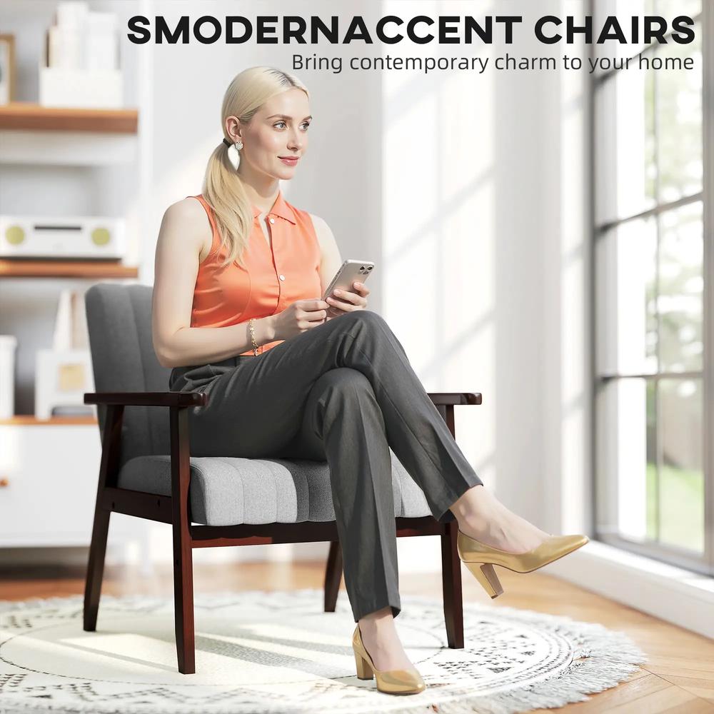 HOMCOM Mid Century Accent Chair, with Wooden Legs - Grey Additional View 4