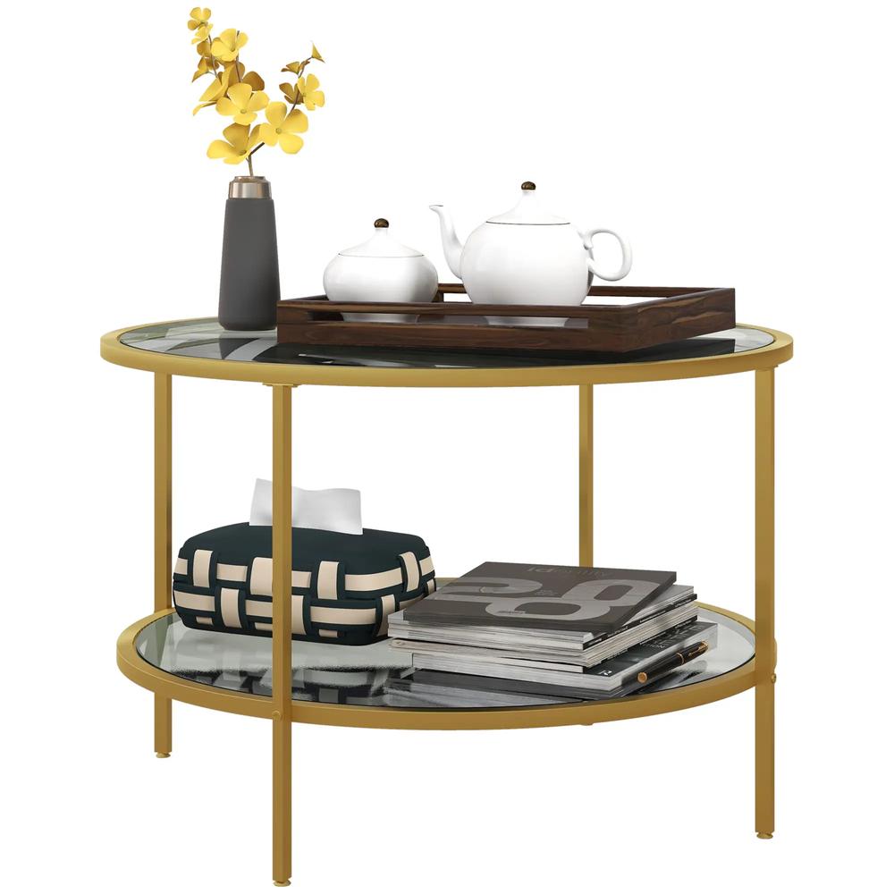 HOMCOM Round Coffee Table with Storage, 2-Tier Tempered Glass Coffee Table with Steel Frame for Living Room, Gold Tone Additional View 11