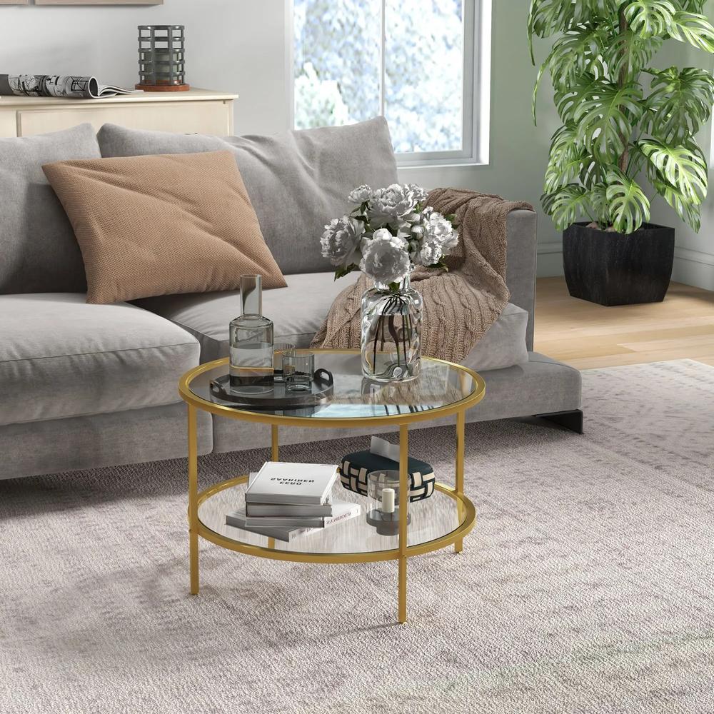 HOMCOM Round Coffee Table with Storage, 2-Tier Tempered Glass Coffee Table with Steel Frame for Living Room, Gold Tone Additional View 2
