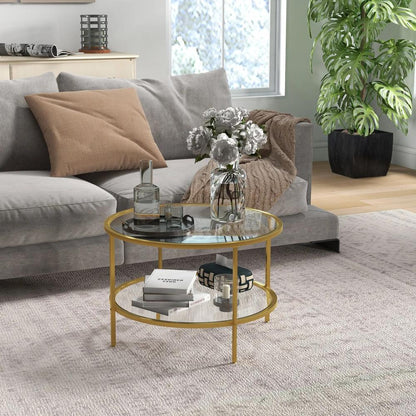 HOMCOM Round Coffee Table with Storage, 2-Tier Tempered Glass Coffee Table with Steel Frame for Living Room, Gold Tone Additional View 2